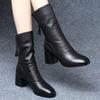 Fashion Black Middle Heel Ladies Fleece-Lined Mid Calf Shoes Autumn Winter Leather Women's Half High Boots Designer Luxury Elegant Boot