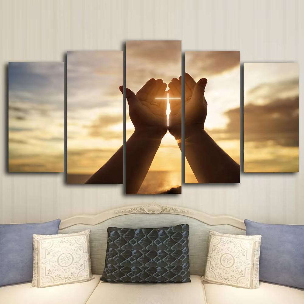 5 Stück Jesus Hände Betende Kreuze Leinwandbild Wandkunst Christliche Gott Poster und Drucke für Wohnzimmerdekoration Ungerahmt