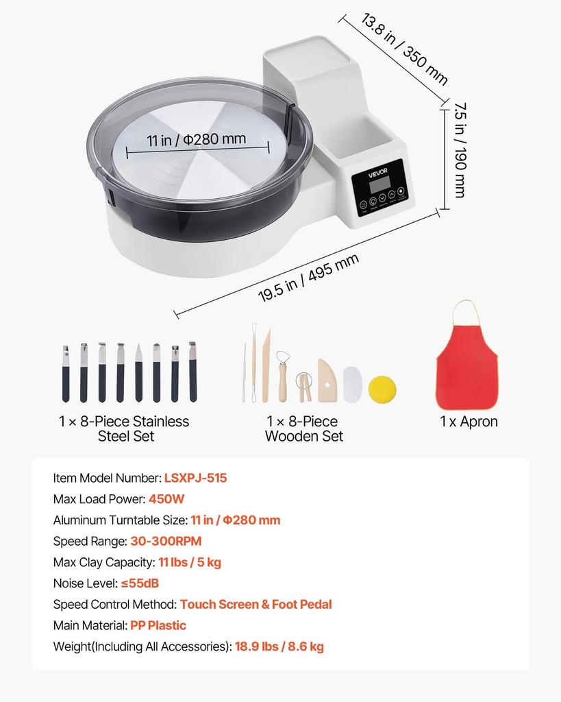 Pottery Wheel for Adults, 28 cm Aluminum Turntable, 450W Electric Table Top Pottery Wheel with Foot Pedal, 30-300 RPM Adjustable Speed, Detachable
