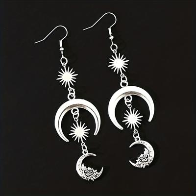 Vintae Silvery Sun Moon Flower Design Dangle Earrings Alloy Jewelry Exquisite Gift For Women Girls Daily Casual