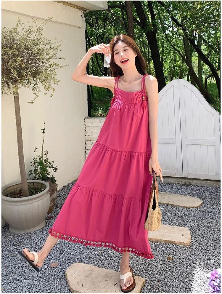Rose pink fringed suspender dress female medium and long summer new Korean version loose sweet dress fairy