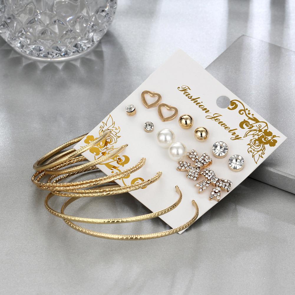 9 Pairs Women Fashion Bowknot Love Shape Big Circle Earrings Set