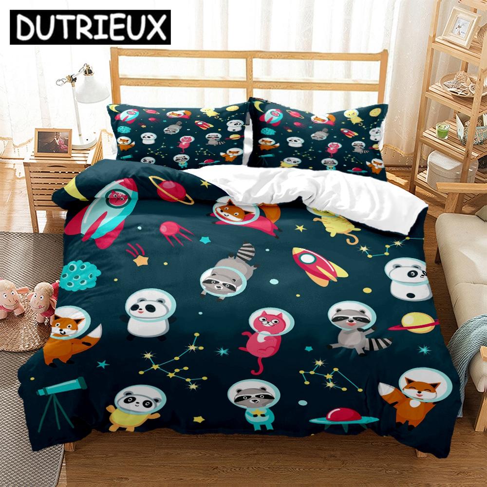 King/Double Size Hd Print Space Animals - Themed Bedding Set With Duvet Covers And Pillowcases For Children'S Beds