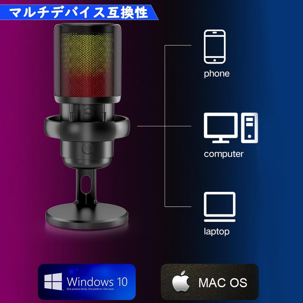 USB Condenser Gaming Microphone, PC Microphone Set with Table Boom, Noise Cancellation, Mute Button, Cardioid Polar Pattern, RGB Lighting, 3.5mm Mic