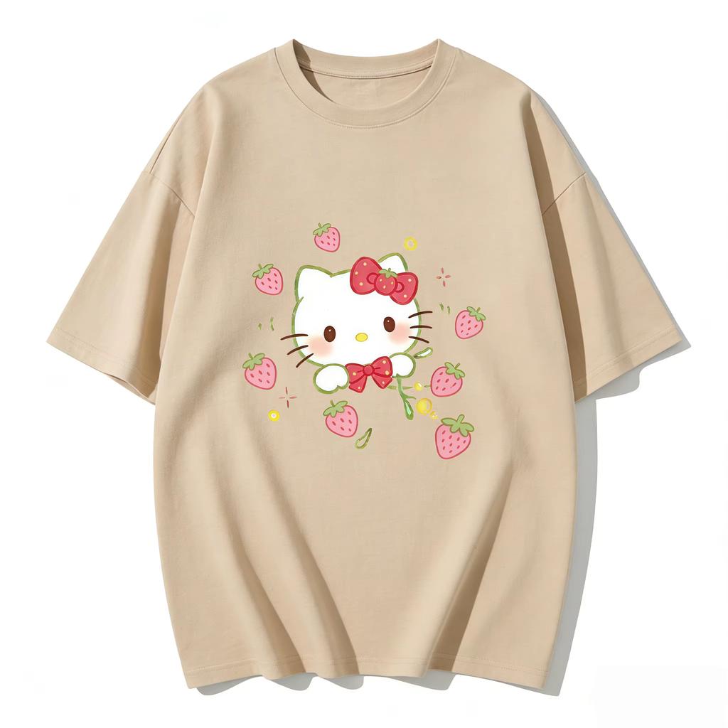 2026 New Summer HelloKitty Cute Graphic Tee Casual Short Sleeve Cotton Top for Women Girls Kawaii Cartoon Print Streetwear