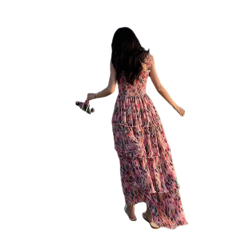 Spring and Summer Floral Print Elastic Retractable Pleated Holiday Dress Super Fairy Pink Cake Skirt Suspender Beach Dress