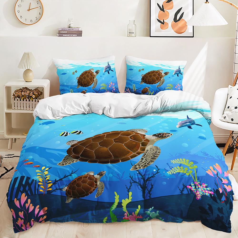 Three-Piece 3D Quilt Cover, Sea Turtle Marine Life Kit, Bedding