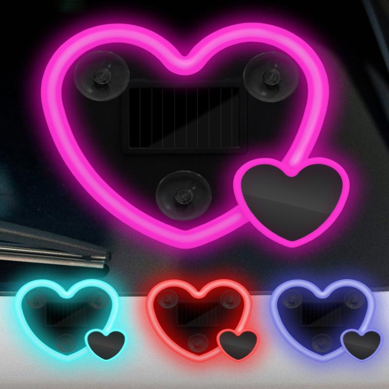 1 Set Car Window Suction Cup Led Atmosphere Light Heart Shaped Car Ambient Light 500Mah Solar/Usb-C Rechargeable Neon Lamp