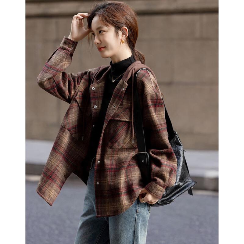 Demana Women's Wool Blend Lined Plaid Hooded Winter Coat