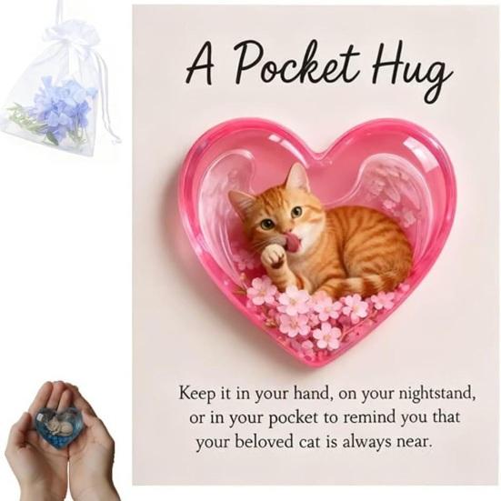 Cat Memorial Pocket Hug with Inspirational Card Emotional Support Heart-Shaped Sleeping Cat Charm Keepsake Figurine Decoration Cat Owners Lovers Gift