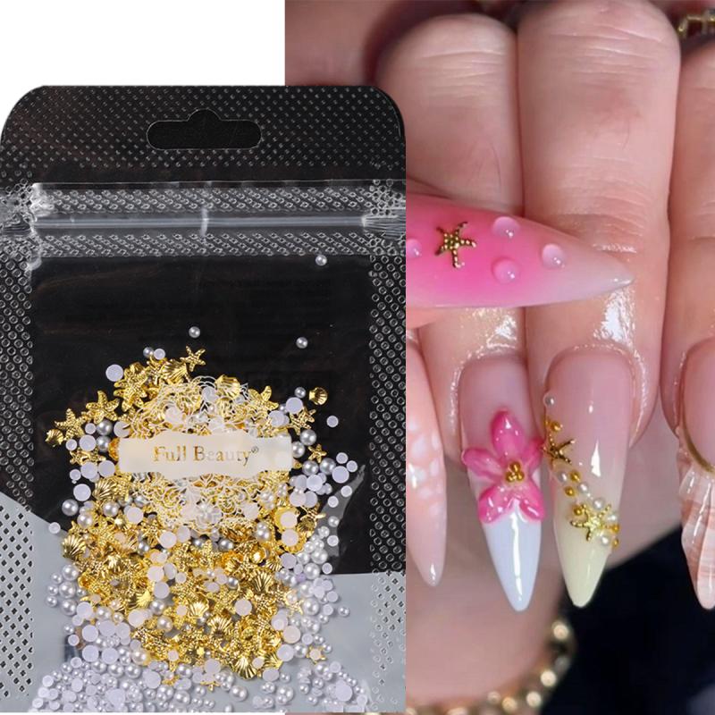 1 Bag Mixed Gold Ocean Style Nail Art Charms 3D Shell Starfish Pearl Metal Nail Jewelry Diy Nail Charm Decoration