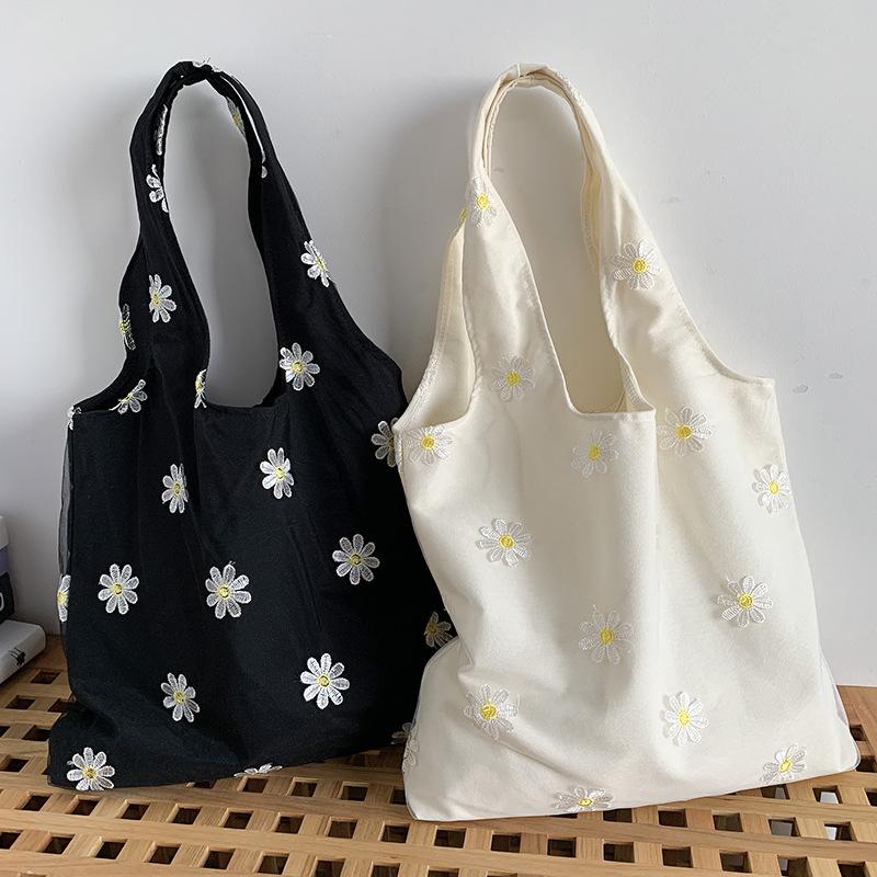 Embroidery Shoulder Canvas Bag Reusable Portable Large Capacity Foldable Storage Bag Shopping Bag Lady Handbags Bolsa Feminina