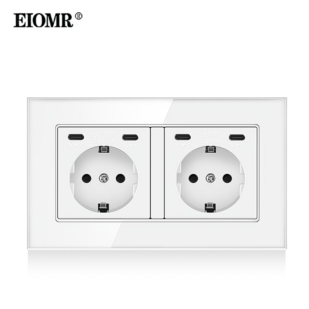 

EIOMR EU Standard USB-C Power Double Socket, AC 250V 16A Flush Mount Wall Socket, 5V 2.1A USB-C Port Standard Electrical Outlet Glass White