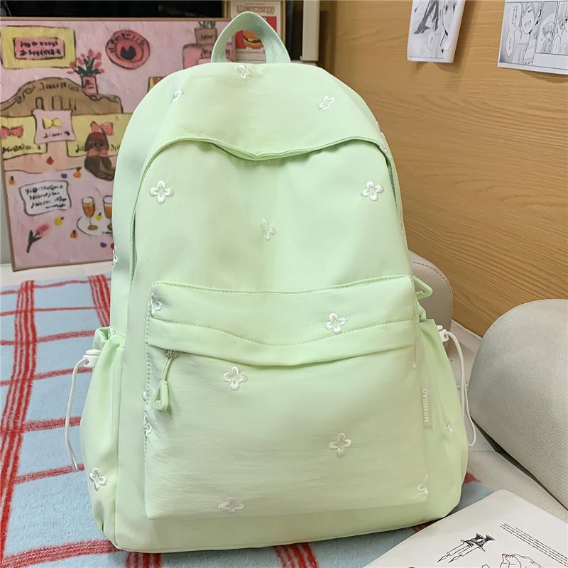 Cute Floral Embroidered Nylon Backpack for Women & Teens – Pastel Green Design with Multiple Pockets, Perfect for School and Daily Use