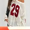 Damen Rundhals Langarm Durchbrochen Gestricktes Netztop Lockerer Schnitt Y2K Nummernaufdruck Cropped Pullover Pullover