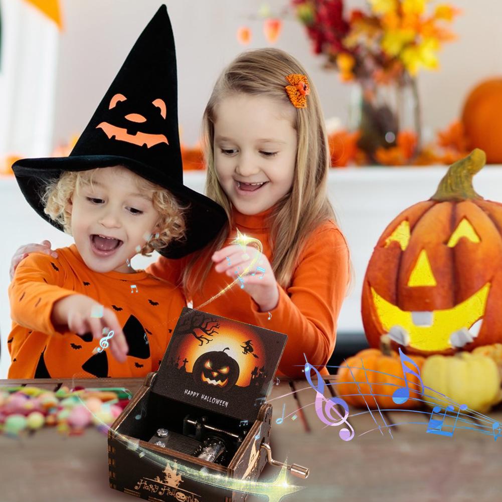 Halloween Eve Wooden Antique Engraved Musical Box Fright Night Musical Box Hand-Cranked Musical Box for Halloween Party