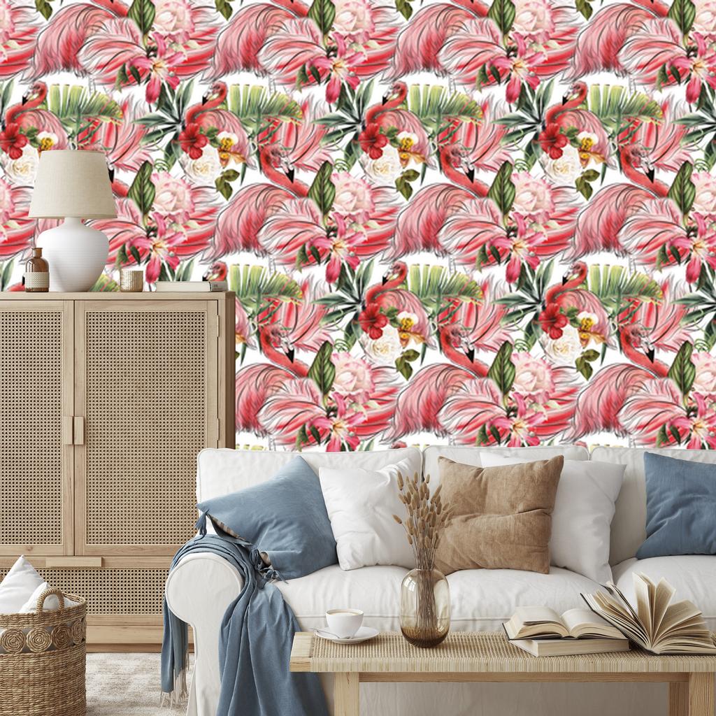 Flamingos roses flowers and leaves wallpaper for living room and bedroom 50x1000