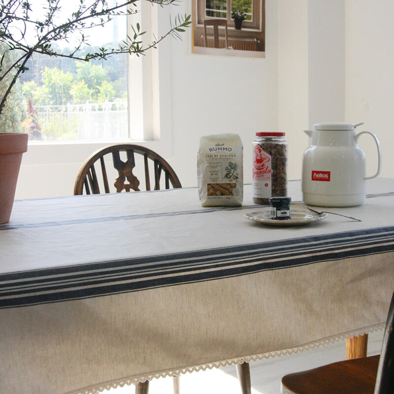 French Striped Linen Lace Waterproof Tablecloth 120x120 Red