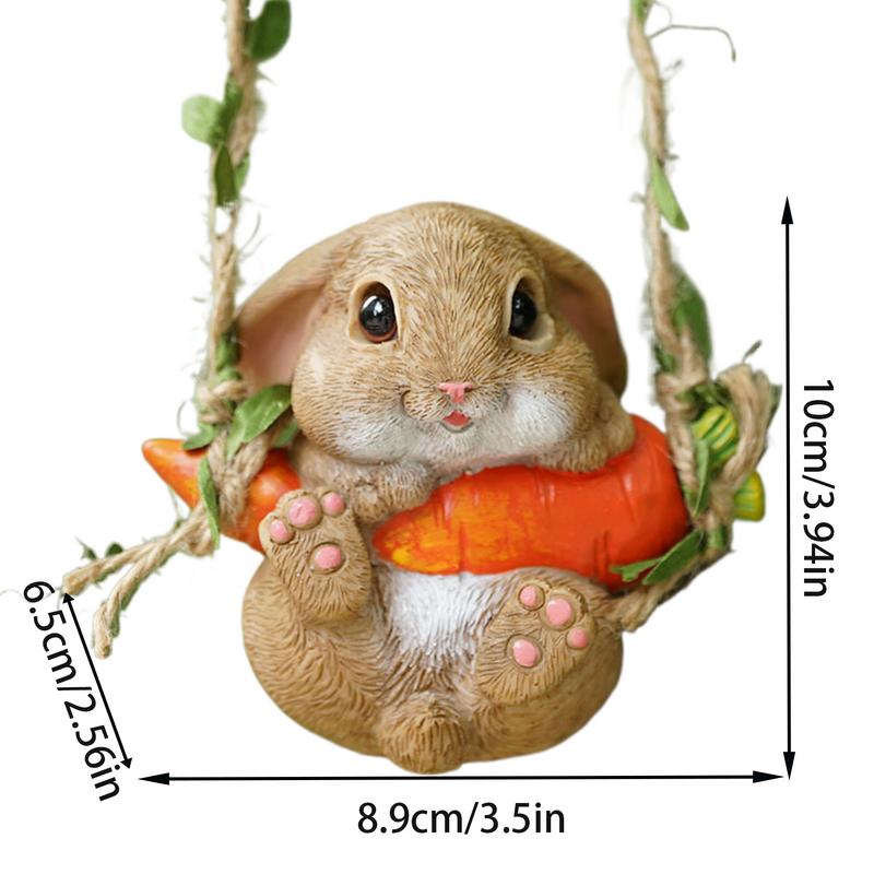 Easter Bunny Pendant Landscaping Animal Statue with Swing Rope & Hook Rustic Swinging Rabbit Figurine Hanging Ornaments for Car