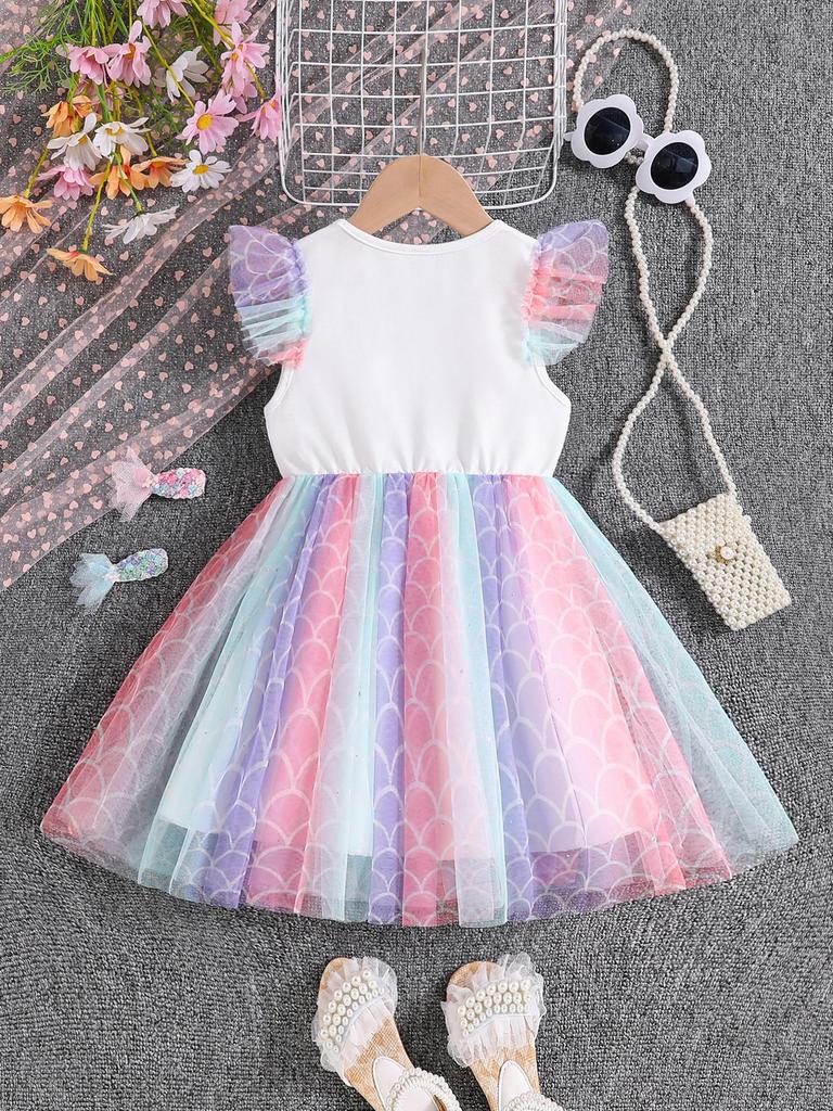 Comfort Princess Dress, Bubble Letter Print Mermaid Scale Tulle Skirt for Little Girls