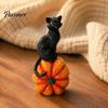 Black Cat Sculpture with Pumpkin Halloween Ornament, Vintage Wood Carving Style Decorative Resin Crafts for Entrance Figurine, Spooky Tabletop