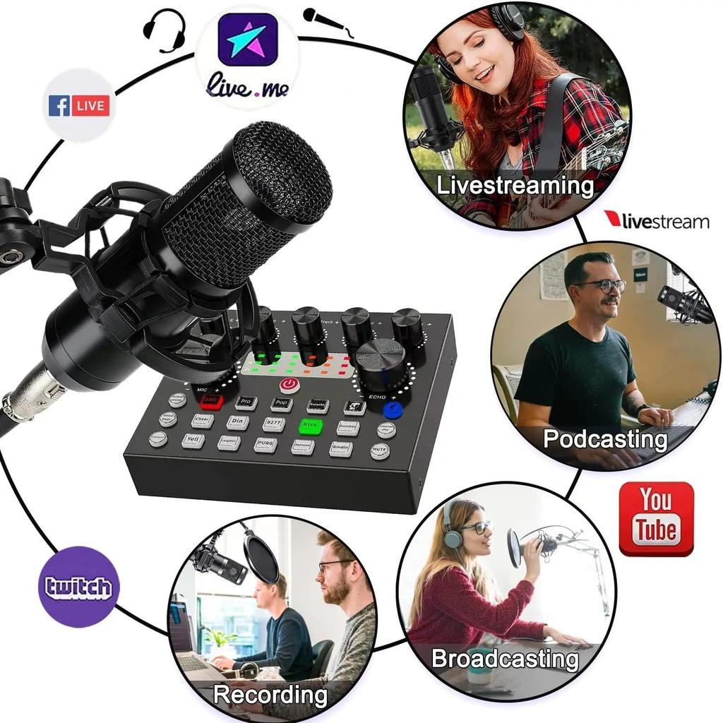 V8S Live Sound Card Podcast Equipment Bundle,with Microphone Set Device,Music/Recording Live Streaming For DJ Disco Device