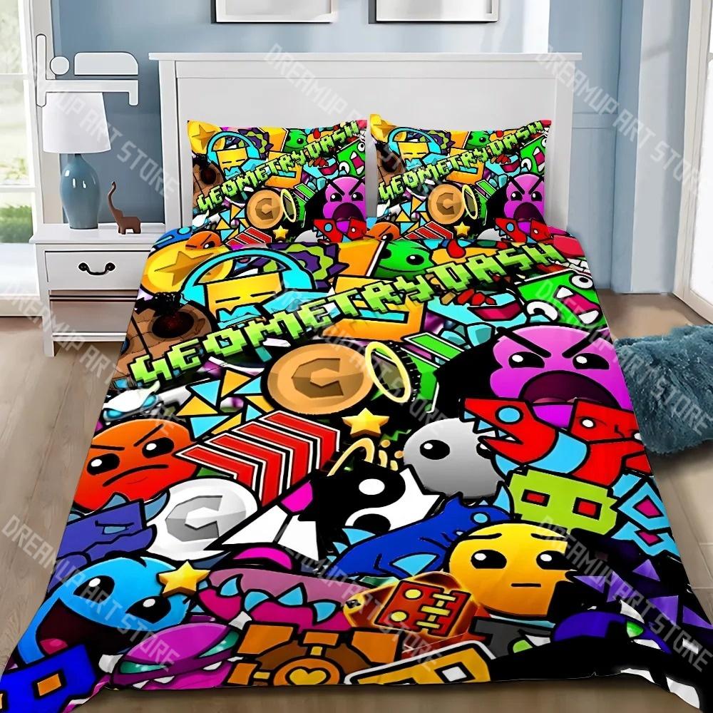 Fashion Hip Hop Angry Geometry Dash Bedding Set Single Twin Full Queen King Size Bed Set Kids Bedroom Duvetcover Sets Bed Sheet