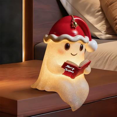 Lesen Geist Nachtlicht Niedliche 3D Weihnachtsmütze Geist Nachttischlampe Harz Geist Buchlesen Nachtlicht für Schlafzimmer Arbeitszimmer Partydeko