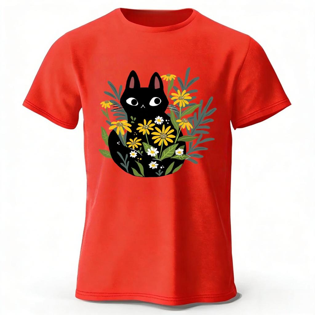 Spring Literature Clear Black Cat Printed Cotton T-shirt for Men Fashion Casual Plus Size Loose Short Sleeve Soft Top