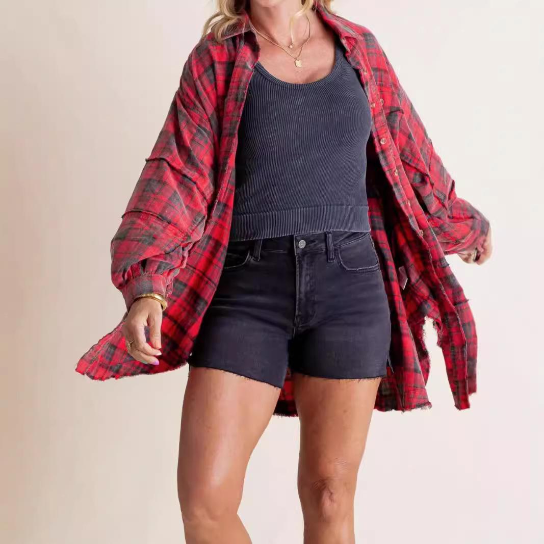 

Women s Autumn and Winter New Style Rosted Lantern Sleeve Loose Button Plaid Shirt 3XL