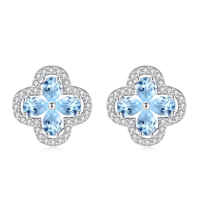 S925 Sterling Silver Four Leaf Clover Stud Earrings Natural Amethyst Topaz Advanced Sense Earring Minimalist Luxury