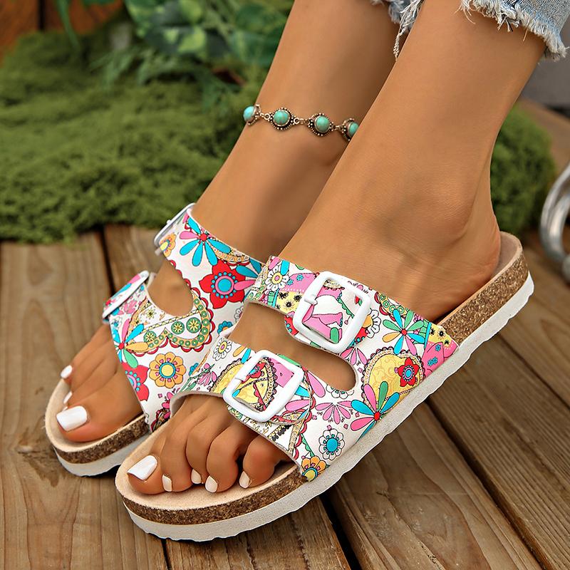 Fashion Leisure Print Buckle Decor Flat Slippers Women 2025 Summer Thick Sole Platform Sandals Plus Size Comfort Light Non Slip Flats