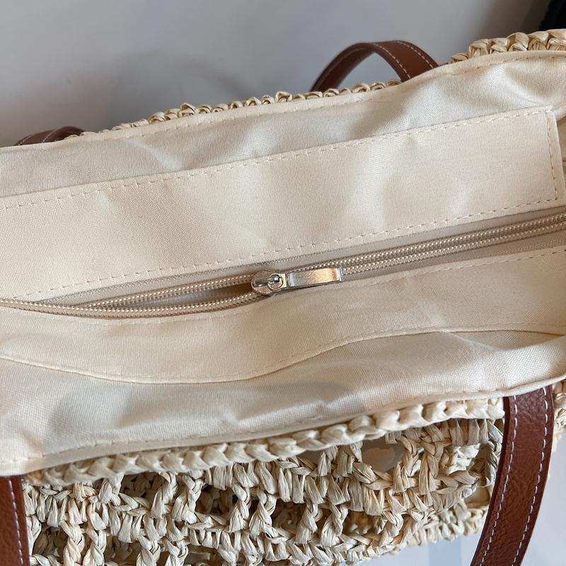 Handwoven Straw Tote Bag with Leather Handles and Open Weave Design Perfect for Summer Beach and Casual Outings