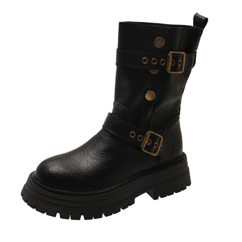 2025 Autumn and Winter New British Style Thick-soled Thin Boots Trendy Belt Buckle Locomotive Boots Medium Tube Martin Boots Women