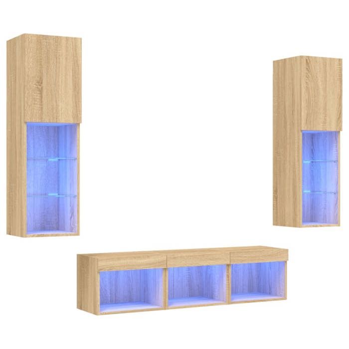 VidaXL Unités Murales TV avec LED 5 pcs, Armoires de Télévision Suspendues, Meubles Télé de Salon, Moderne, Chêne Sonoma 3216606