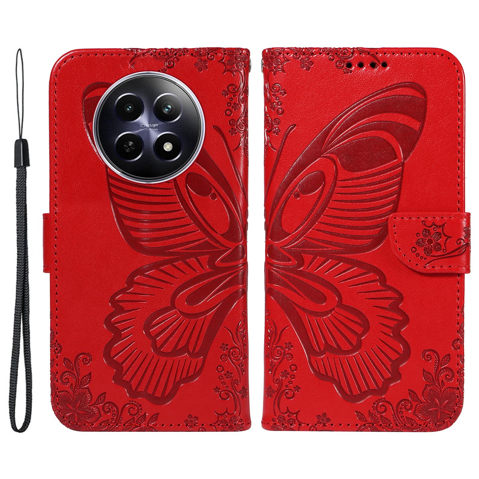 

For Realme 12 5G Phone Stand Case Butterfly Imprint Leather Wallet Phone Cover with Strap Red