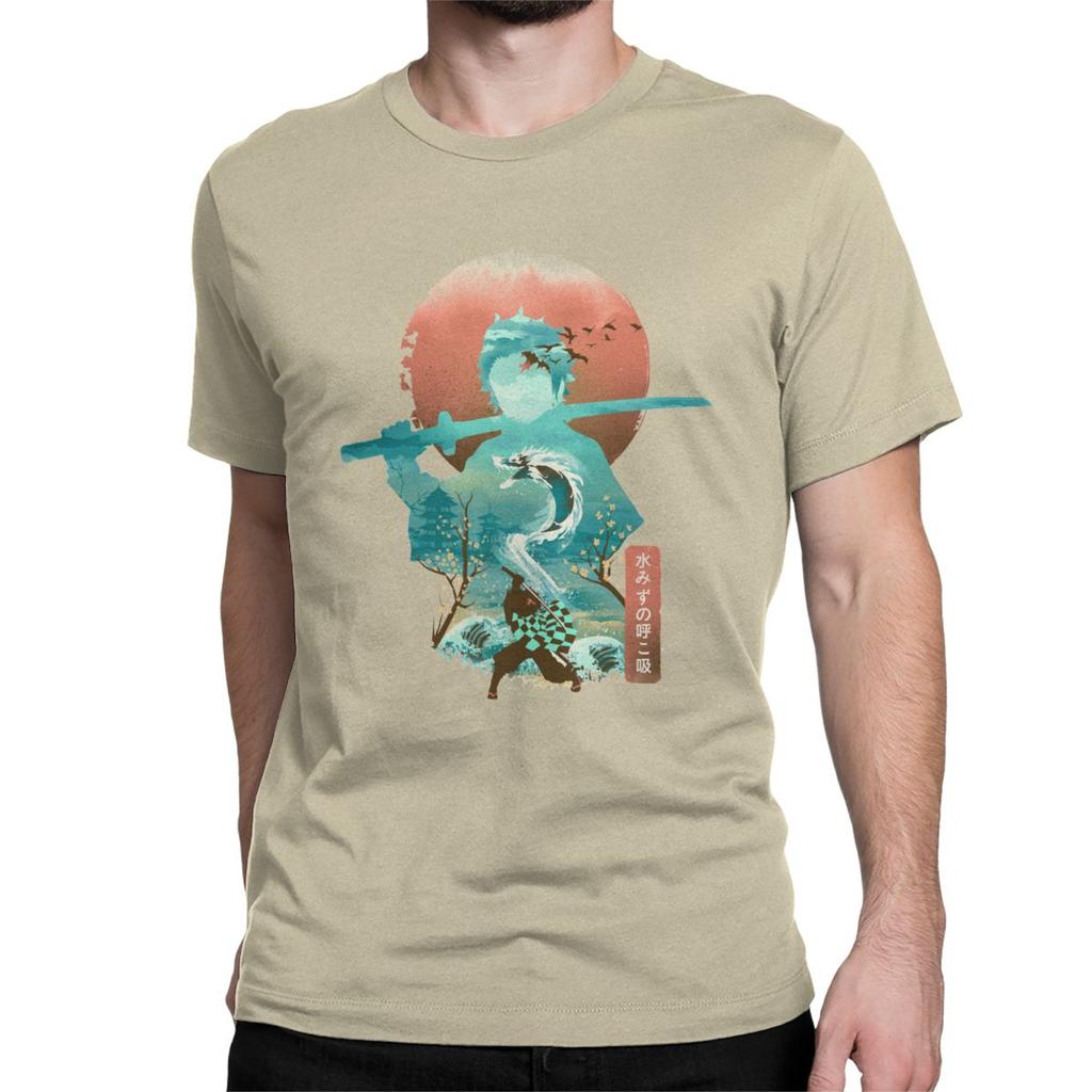 Men T Shirt Ukiyo E Breath Of Water Classic Vintage Pure Cotton Tee Shirt Demon Slayer