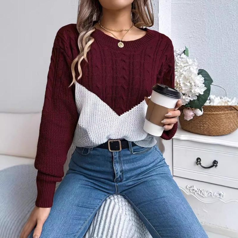 Casual Loose Patchwork Knitted Sweater Pullover for Winter Women's Tops O-Neck Full Lantern Sleeve Pullover Sweaters Woman