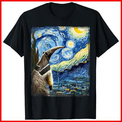 Van Gogh Style Starry Night Anteater Black Cotton T-Shirt S-5XL