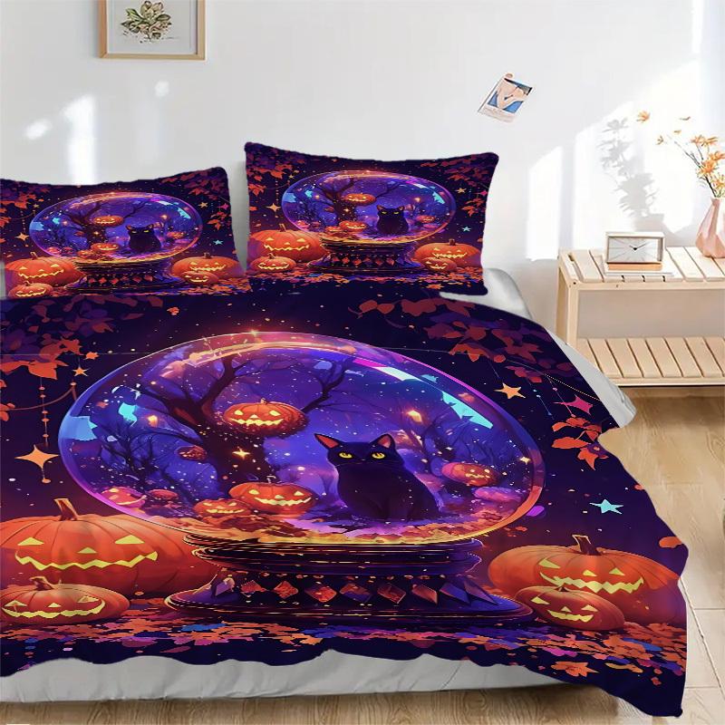 3pc Halloween Cat Cover Set - 1 Quilt Cover + 2 Pillowcases, All Seasons Bedroom Setting, Perfect for Home088