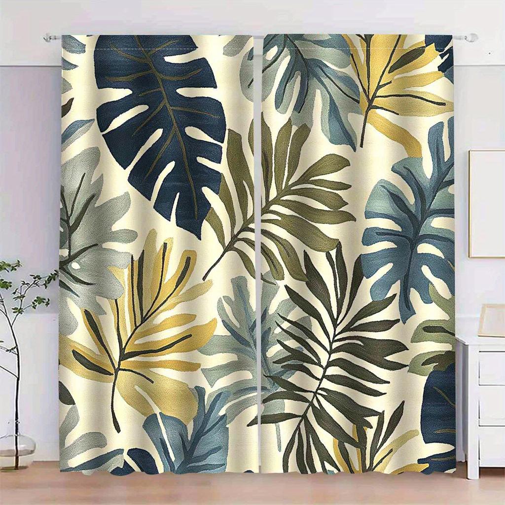 2pc Tropical leaf print curtains, polyester fabric, machine washable, suitable for bedroom, living room, office decoration