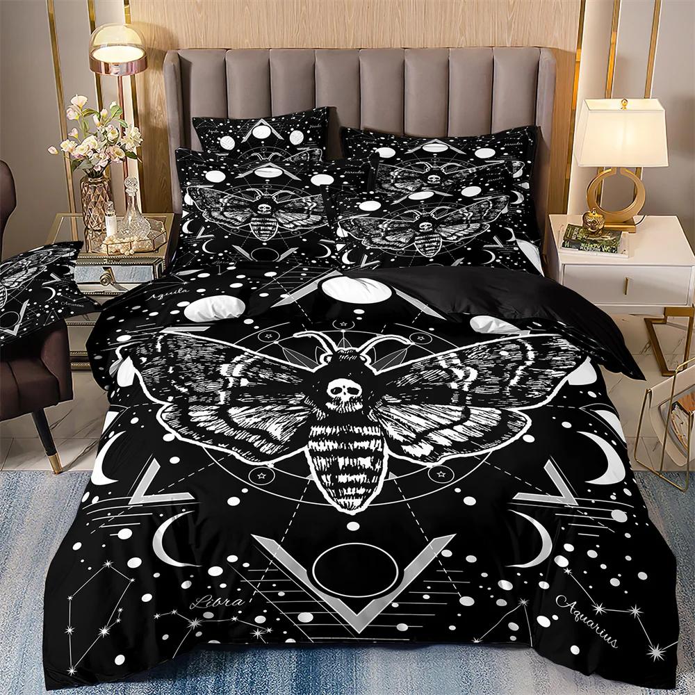 Luxury Black Bedding Set With Galaxy Print, Galaxy Duvet Cover, Galaxy, Starry Sky, Butterfly, Skull, Moth,Halloween Quilt Sets