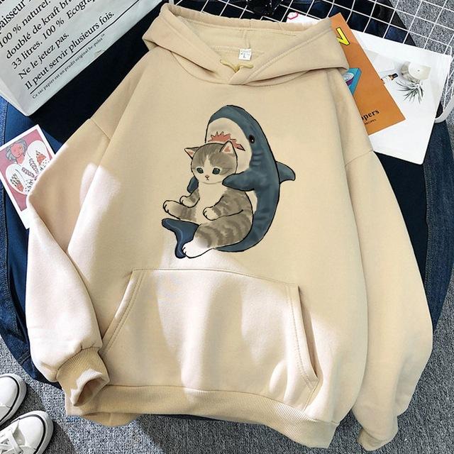 New Black Long Sleeve Hoodie Tops Woman Cat Shark Hooded Sweatshirts Funny Animal Cartoon Printing Graphic Pullover Streetwear