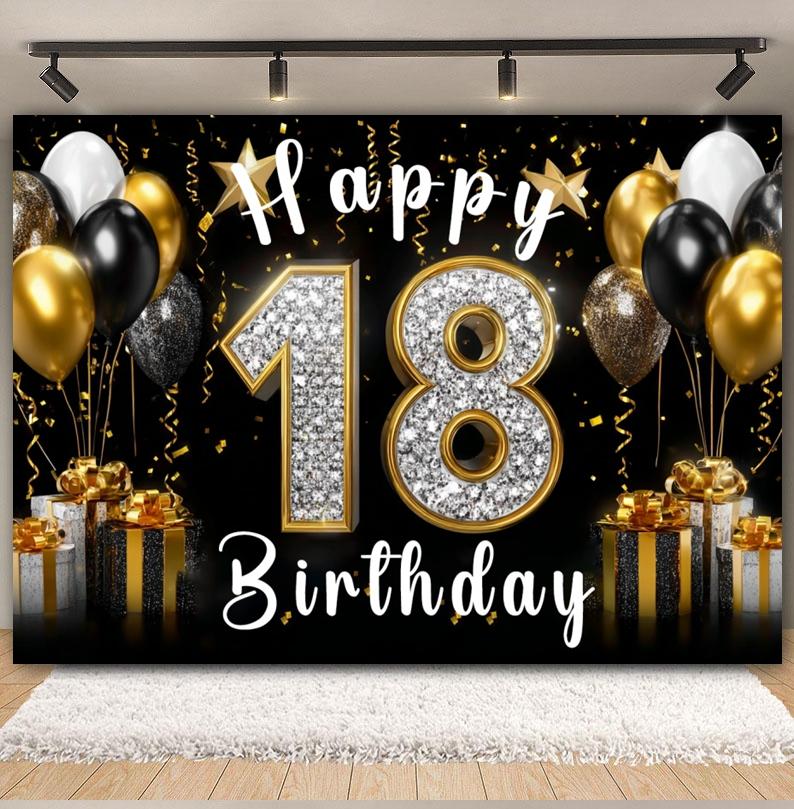 Black and Gold Balloon Gift Theme 18th Birthday Banner Backdrop Cloth Adult Gift Birthday Party Decoration Photography Backdrop