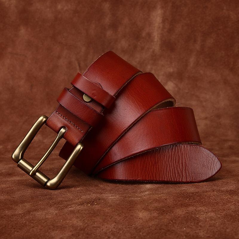

Ретро кожаный ремень из коровьей кожи высшего слоя растительного дубления для мужчин, простой и повседневный универсальный для джинсов, ремень с медной пряжкой для мужчин 125cm