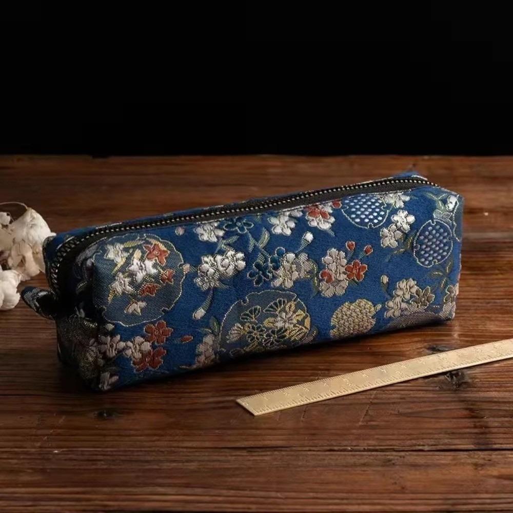 New Chinese Retro Style Pencil Case Damask Embroidery China Bird Flower Art Pen Bag Flannel Lining Beautiful Women Makeup Bag