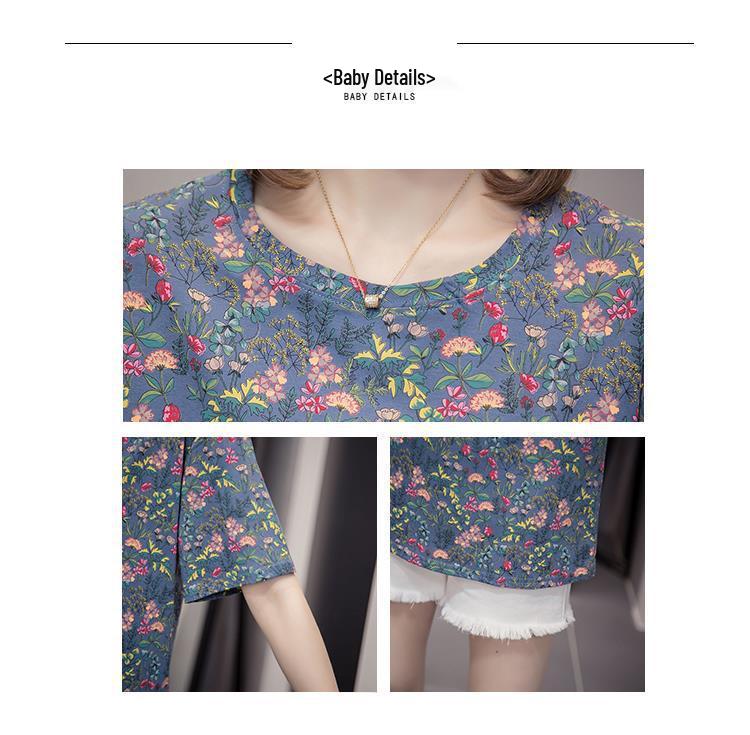Women's Floral Short-Sleeve T-Shirt - Summer 2023 Slimming Loose Fit, Fashionable Age-Defying Top for Moms