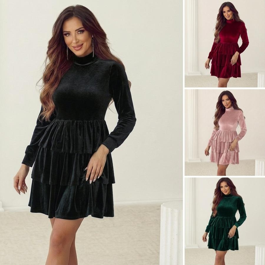 Fall Winter New Women's Velvet Dress Stand Collar High Waist Long Sleeve Ruffled Layered Short Skirt