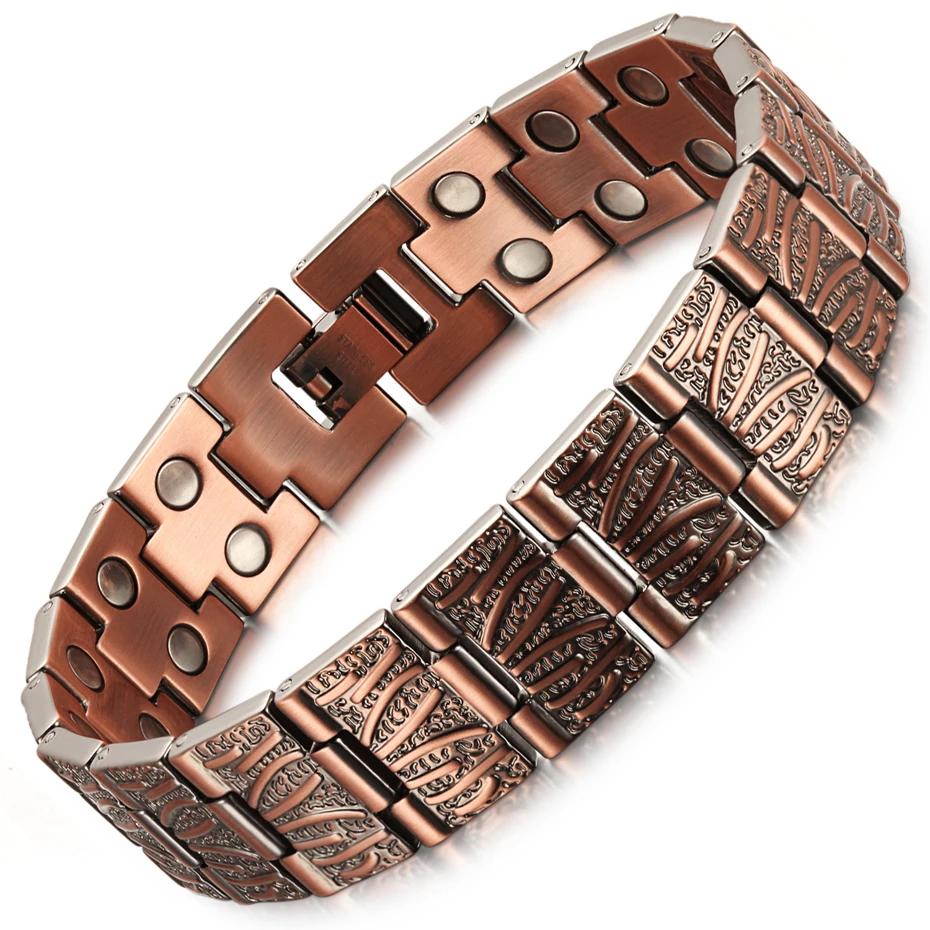 15mm Punk Red Pure Copper Health Magnetic Pain Relief Bracelet Men Therapy Double Row Magnet Dragon Pattern Chain Bangle Jewelry 21.5cm