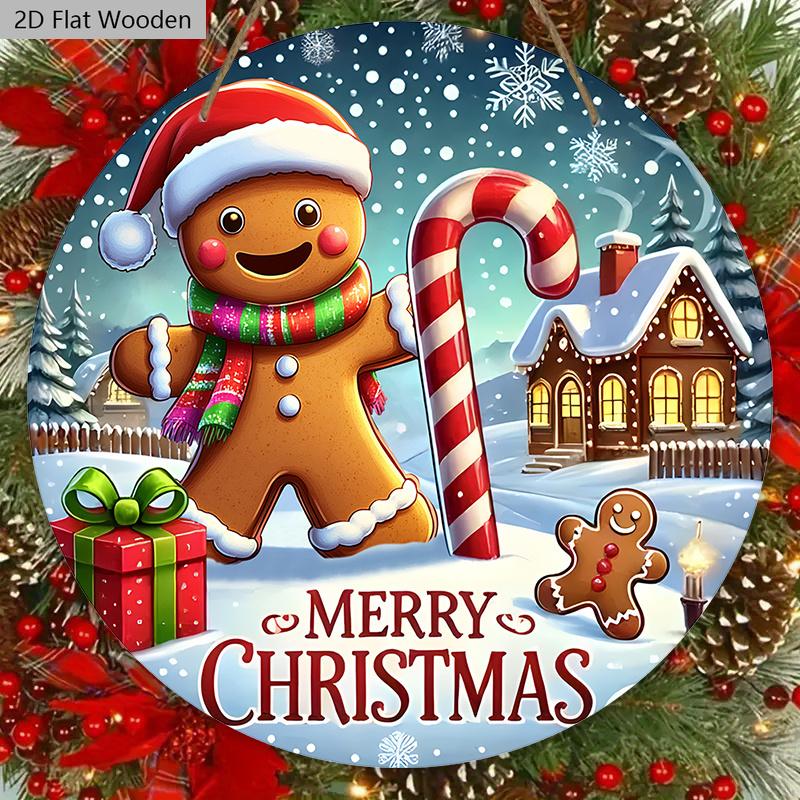 Rustykalny Świąteczny Drewniany Znak ze Wzorem Piernika - Wesołych Świąt Okrągły Znak na Drzwi Wejściowe, Dekoracja Ścienna - Idealna Dekoracja Świąteczna